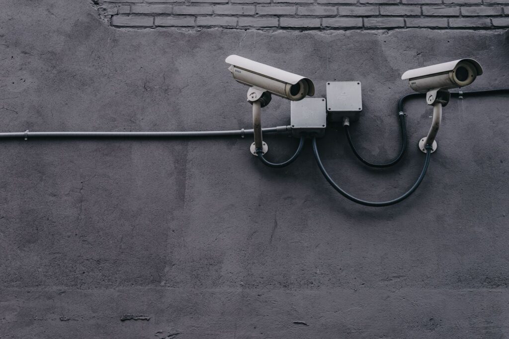 Security cameras mounted on a building