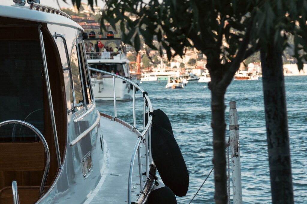 Yacht docked at a marina
